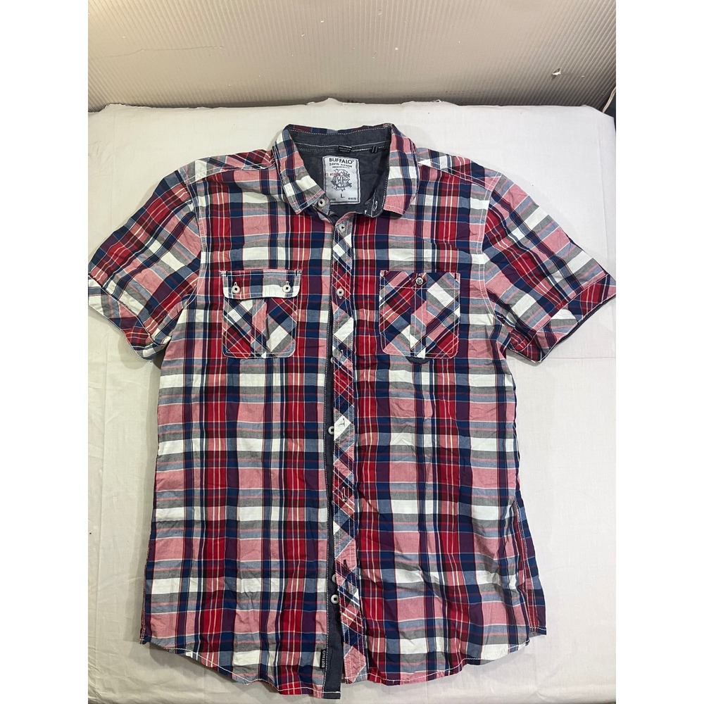 Buffalo David Bitton Mens Short Sleeve Plaid Button Front‎ Shirt Red Blue Large